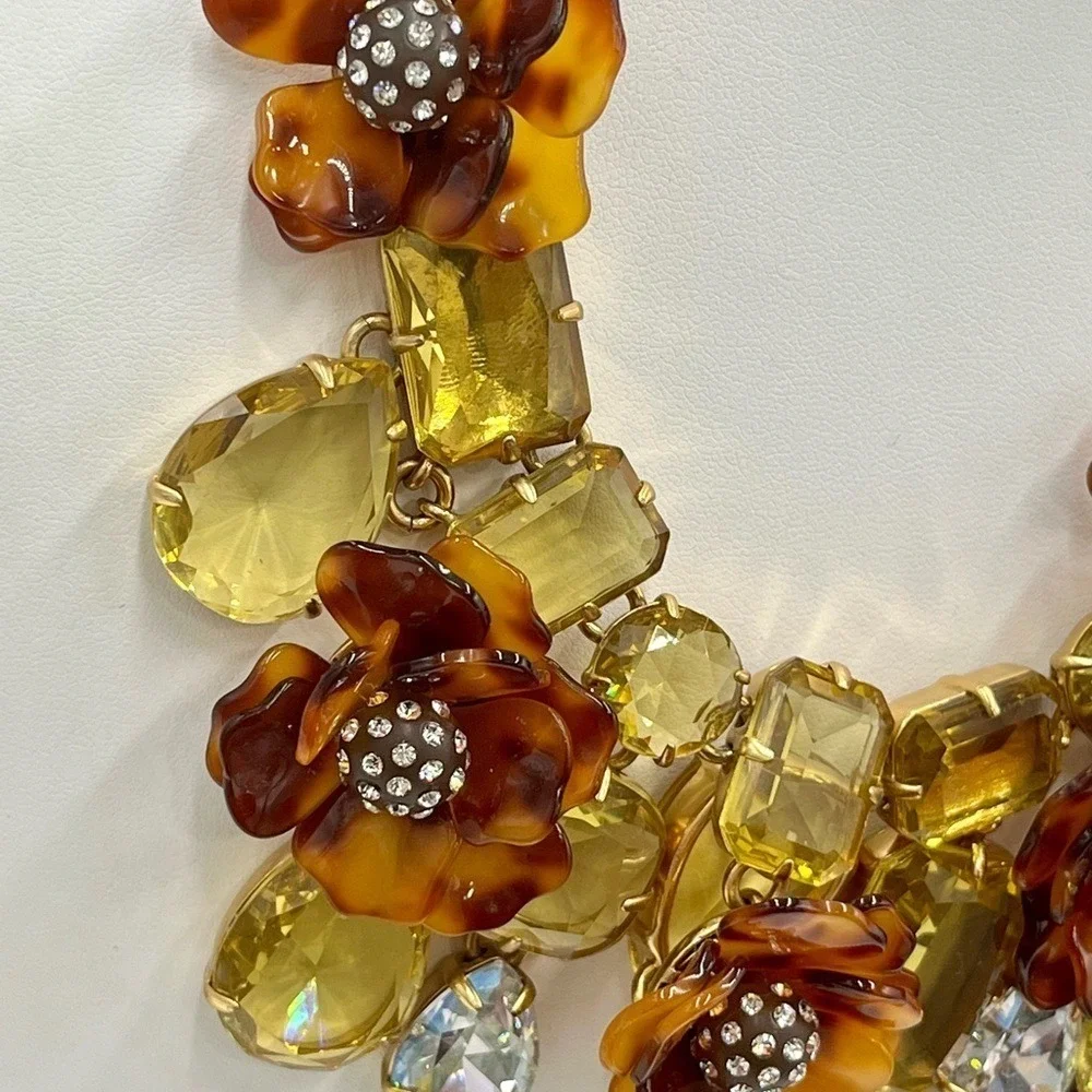 J. Crew Tortoise Shell Flower Asymmetrical Pave Yellow‎ Rhinestone Bib Necklace